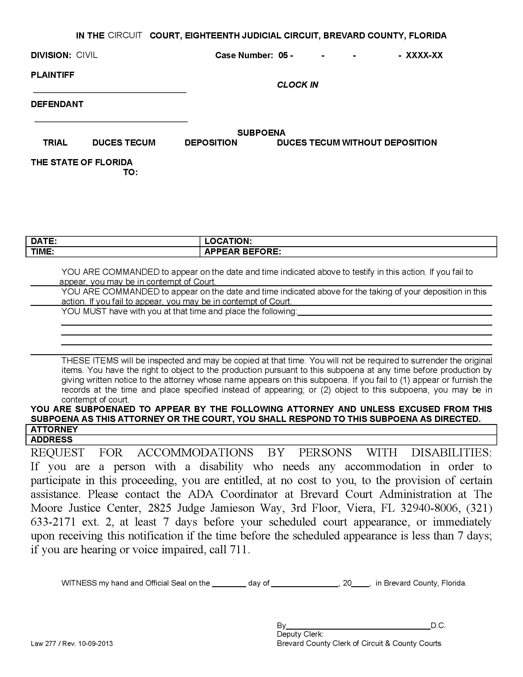 Subpoena {Law 277} | Pdf Fpdf Doc Docx | Florida