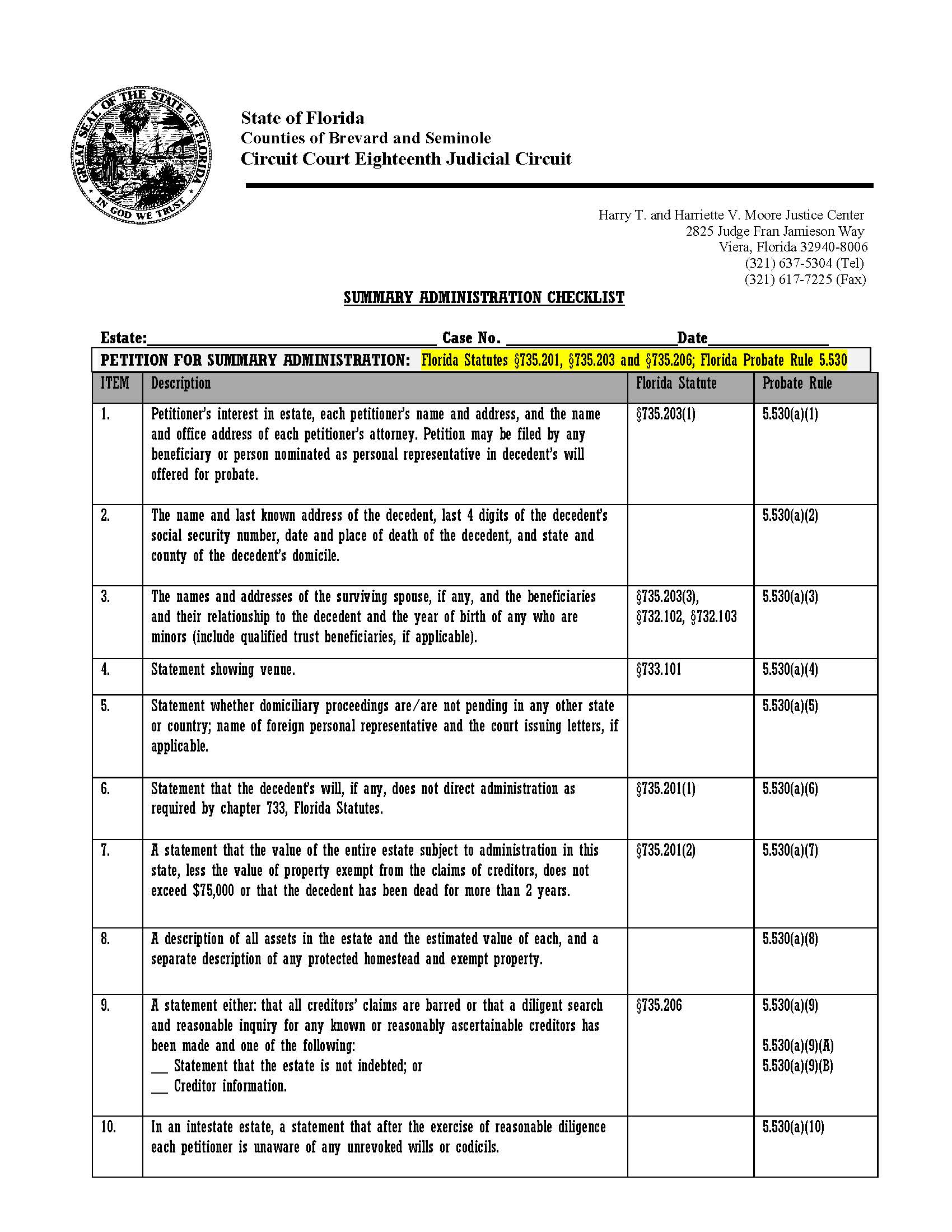 Summary Administration Checklist {BRV-SAC} | Pdf Fpdf Docx | Florida