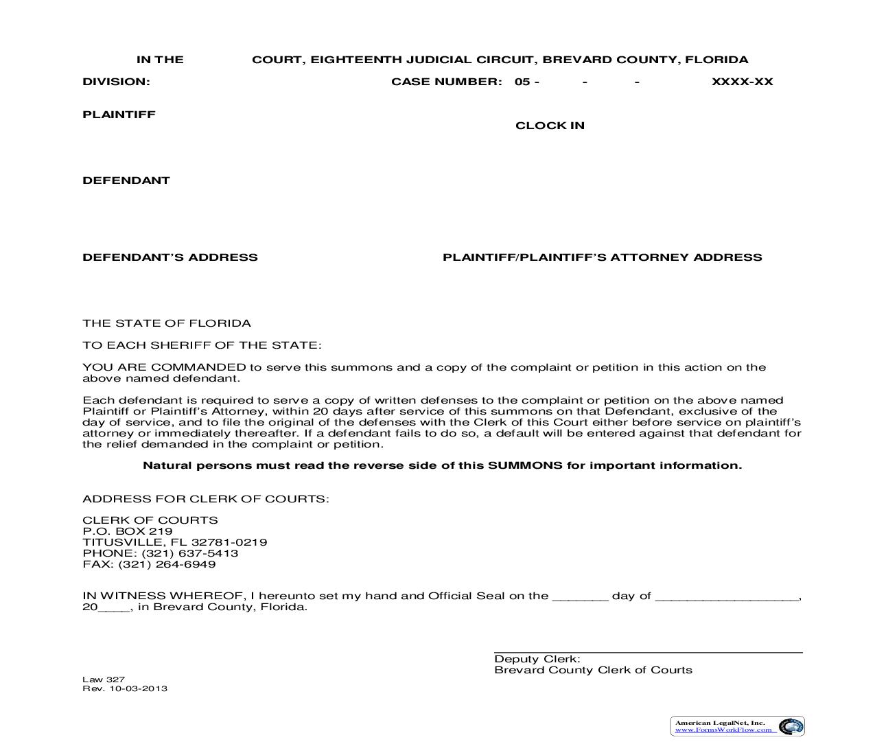 Summons {Law 327} | Pdf Fpdf Doc Docx | Florida