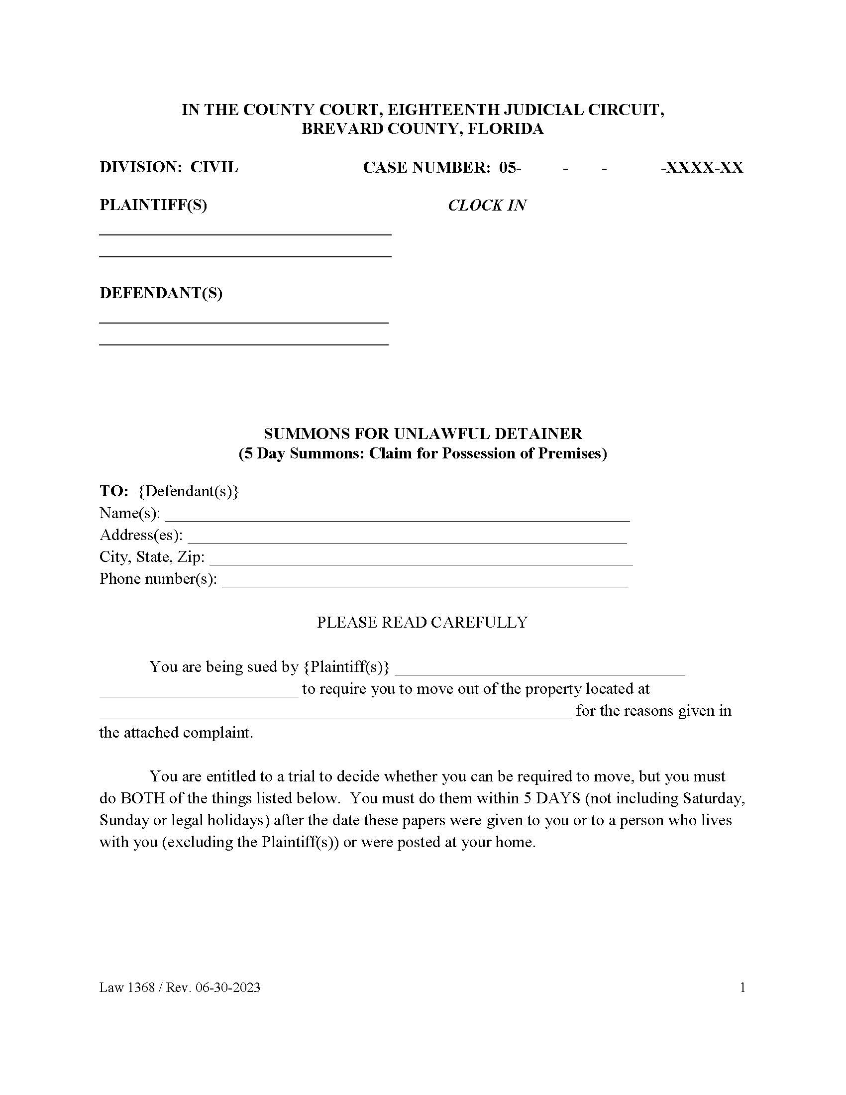 Summons For Unlawful Detainer (5 Day-Claim For Possession) {Law 1368} | Pdf Fpdf Docx | Florida
