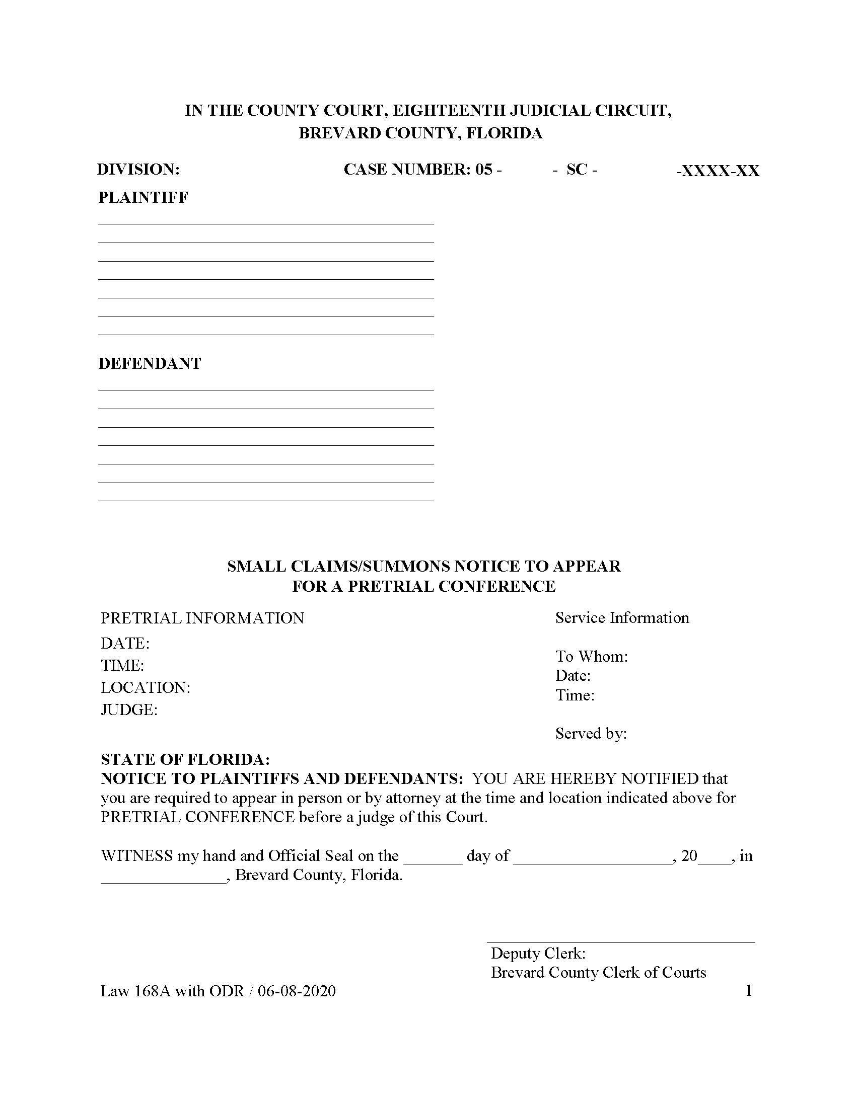 Summons-Notice To Appear For A Pre-Trial Conference {Law 168} | Pdf Fpdf Doc Docx | Florida
