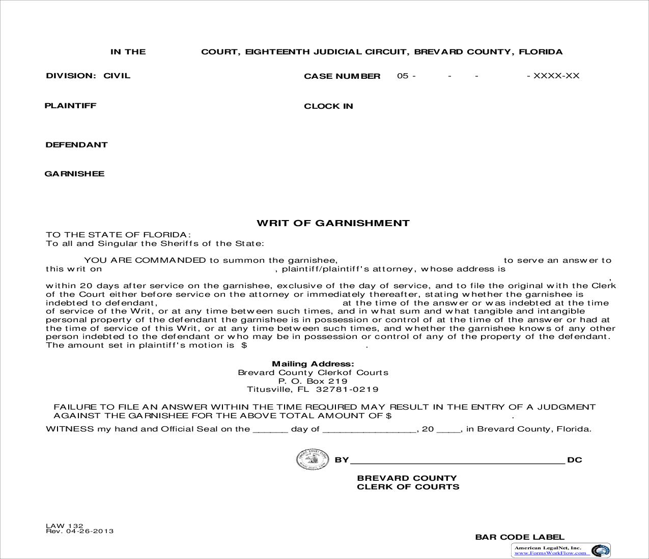 Writ Of Garnishment {Law 132} | Pdf Fpdf Doc Docx | Florida