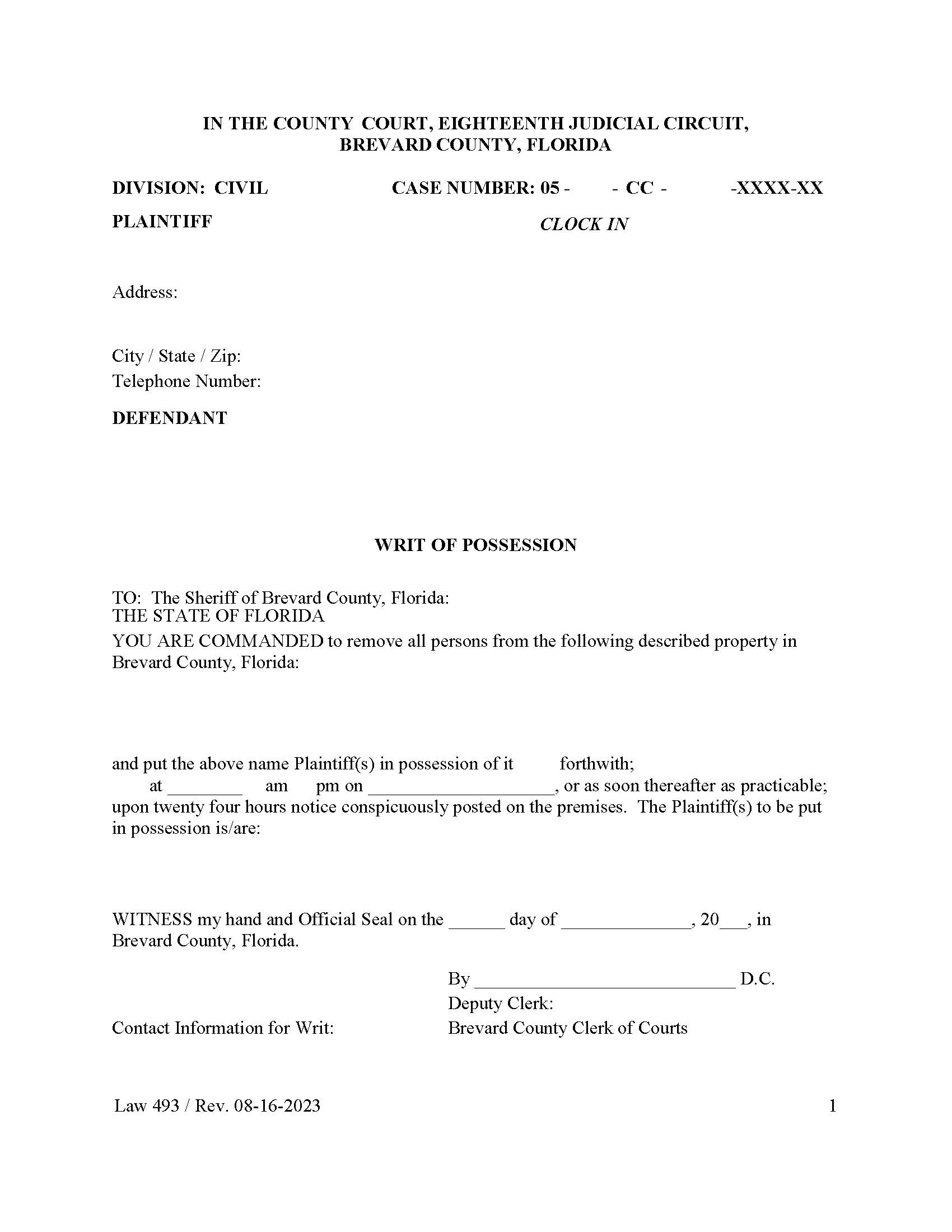 Writ Of Possession (Removal Of Tenant) {Law 493} | Pdf Fpdf Doc Docx | Florida