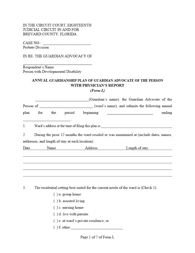 Annual Guardian Advocacy Plan With Physicians Report {Form L} | Pdf Fpdf Docx | Florida