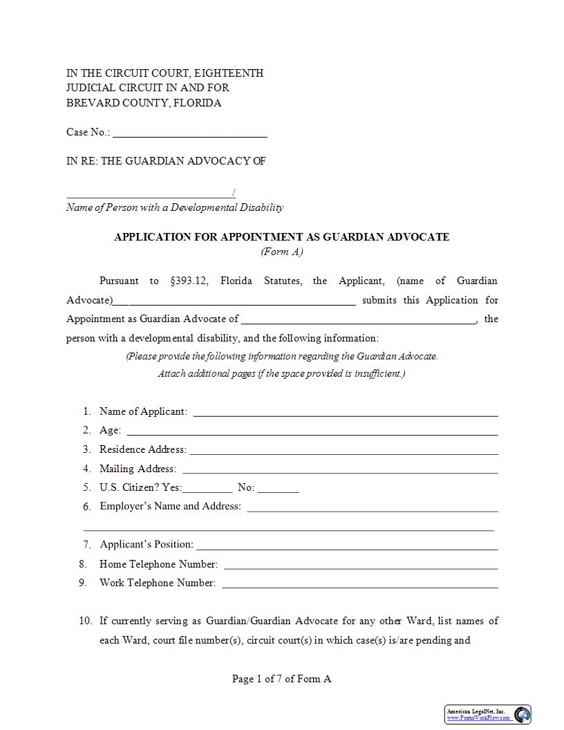 Application For Appointment As Guardian Advocate {Form A} | Pdf Fpdf Docx | Florida