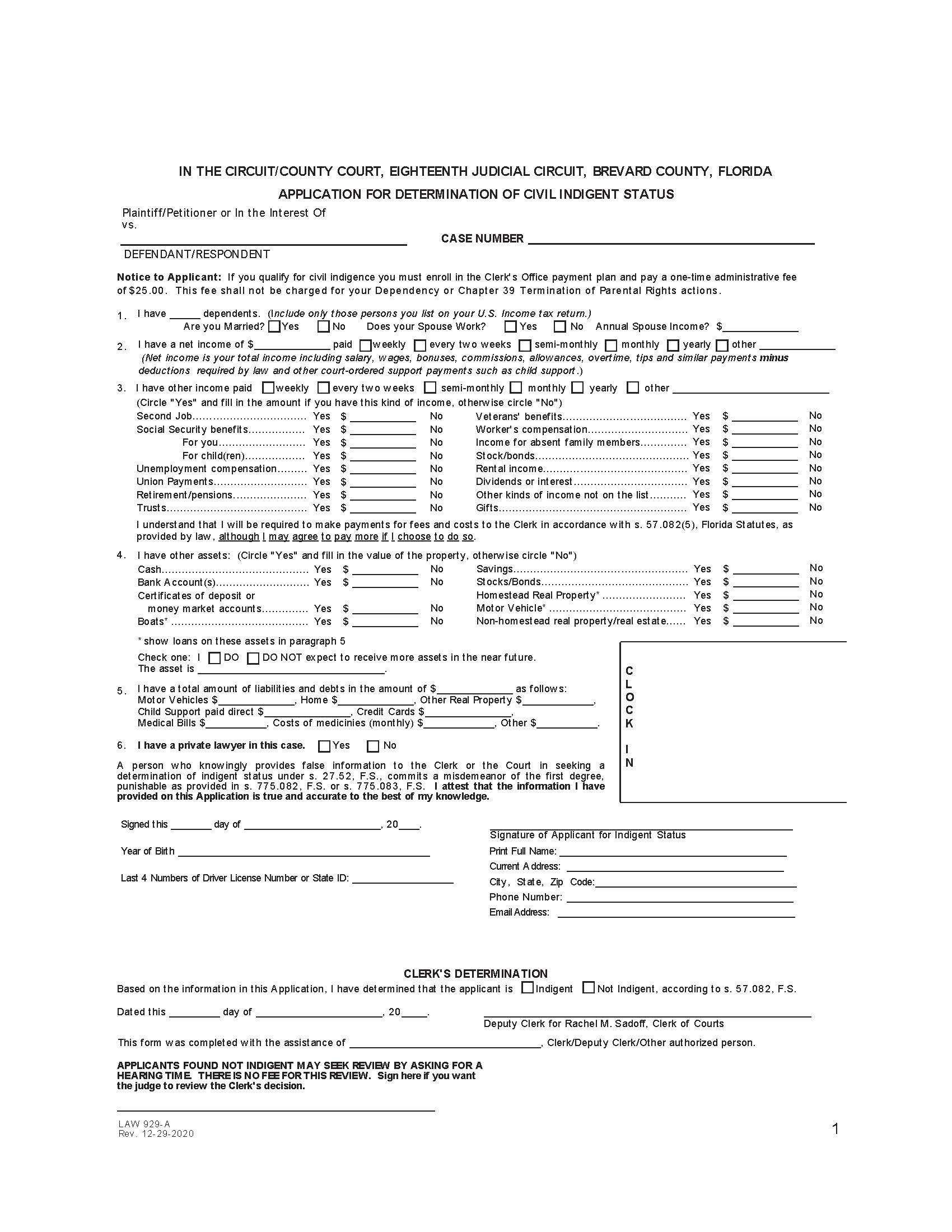 Application For Determination Of Civil Indigent Status {Form G} | Pdf Fpdf Docx | Florida