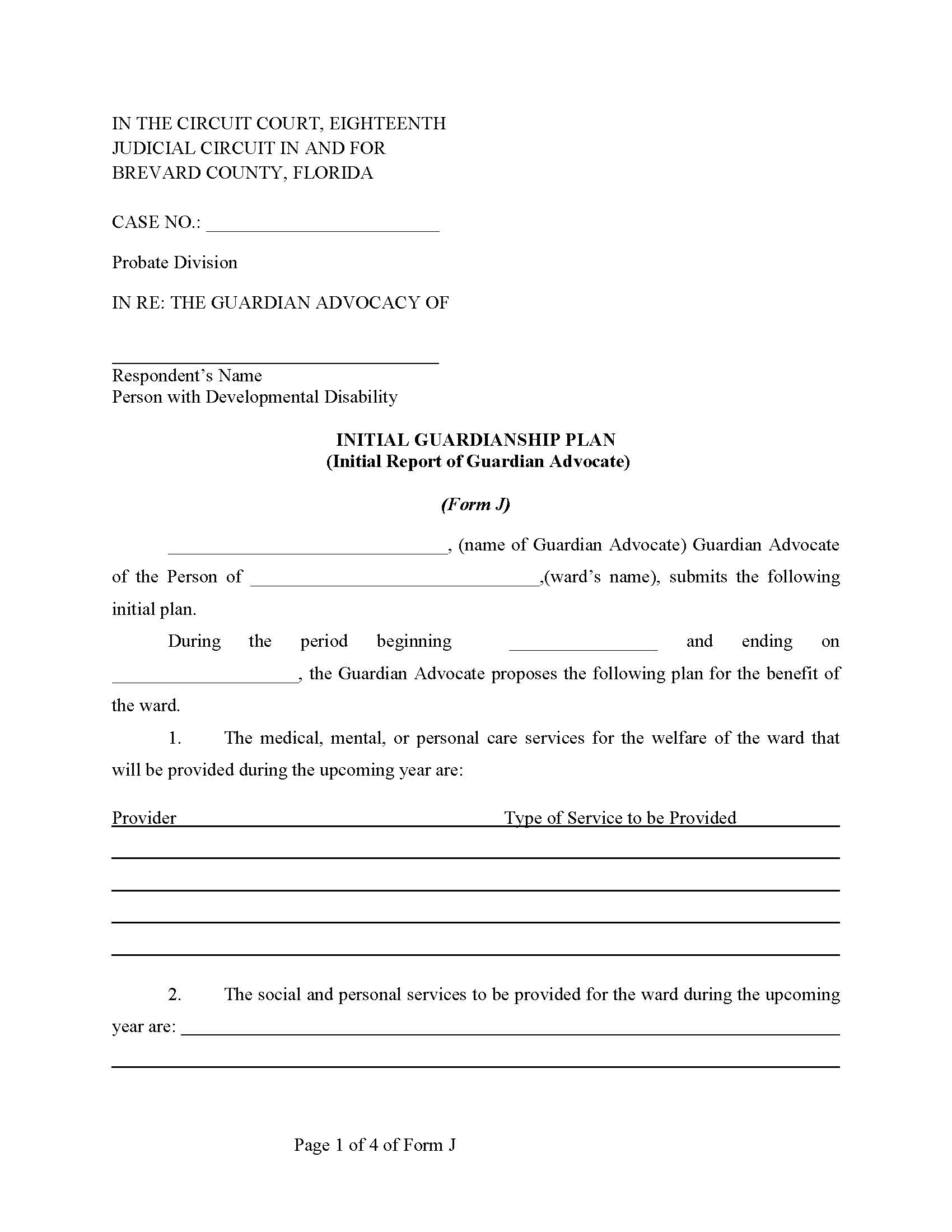 Initial Guardian Advocacy Plan Of The Person {Form J} | Pdf Fpdf Docx | Florida