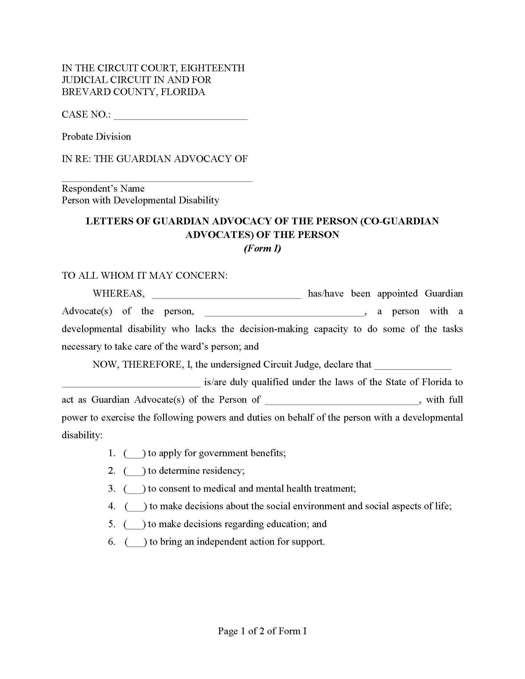Letters Of Guardian Advocacy Of The Person {Form I} | Pdf Fpdf Docx | Florida