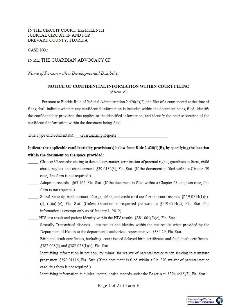 Notice Of Confidential Information Within Court Filing {Form F} | Pdf Fpdf Docx | Florida
