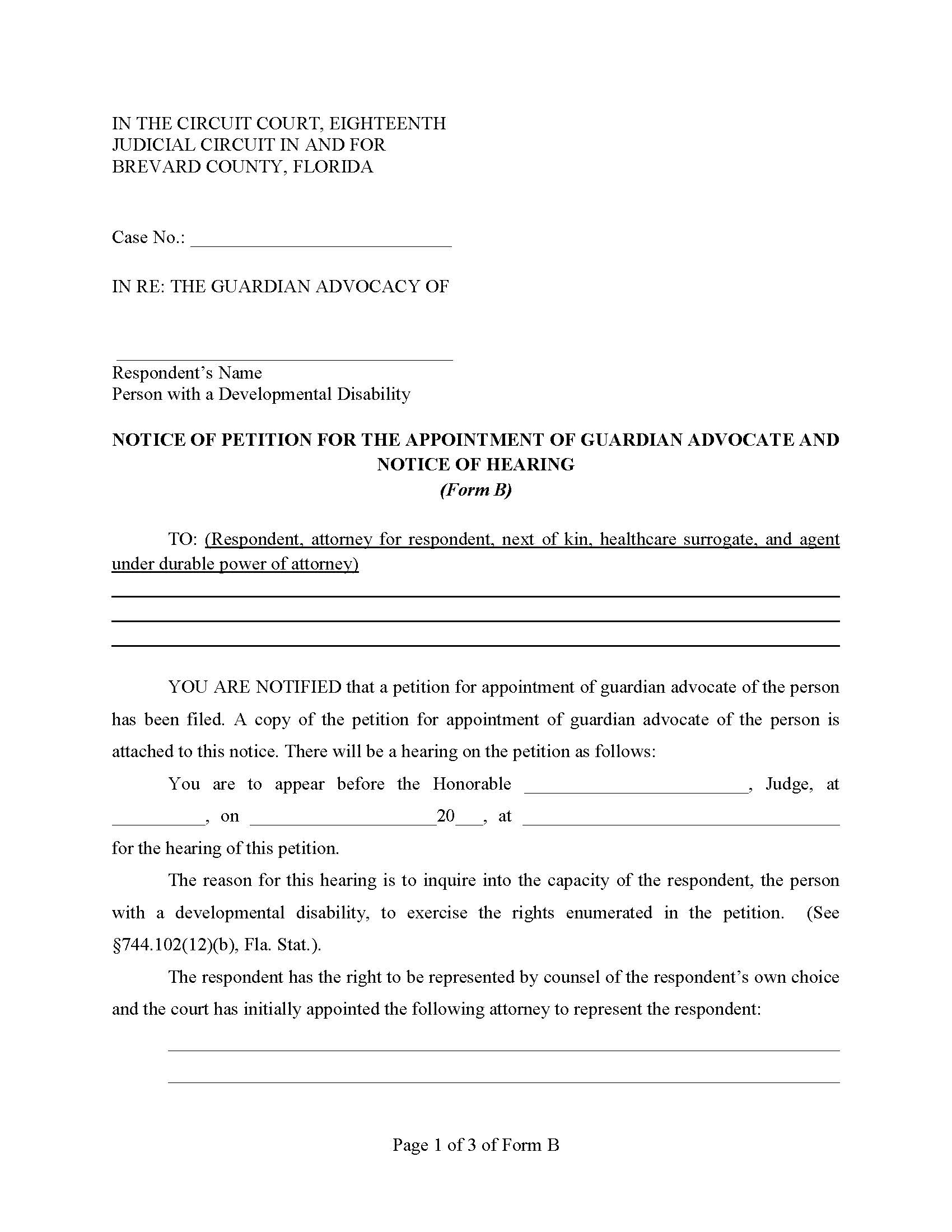 Notice Of Petition Apptmt Of Guardian Advocate And Standby GA {Form B} | Pdf Fpdf Docx | Florida