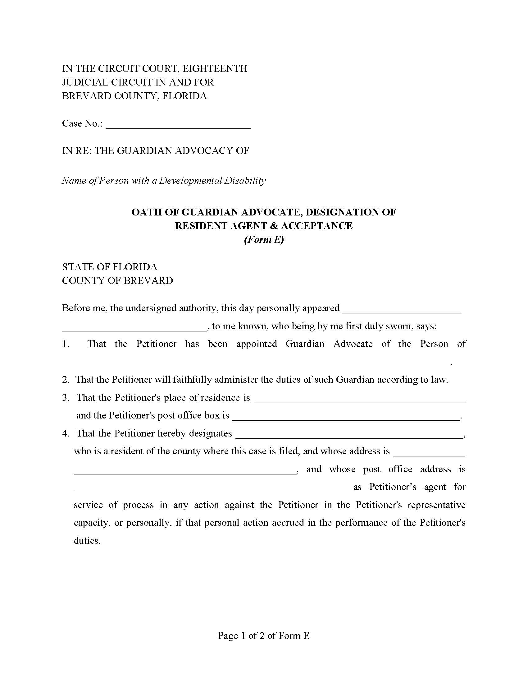 Oath Of Guardian Advocate Designation Of Resident Agent Acceptance {Form E} | Pdf Fpdf Doc Docx | Florida