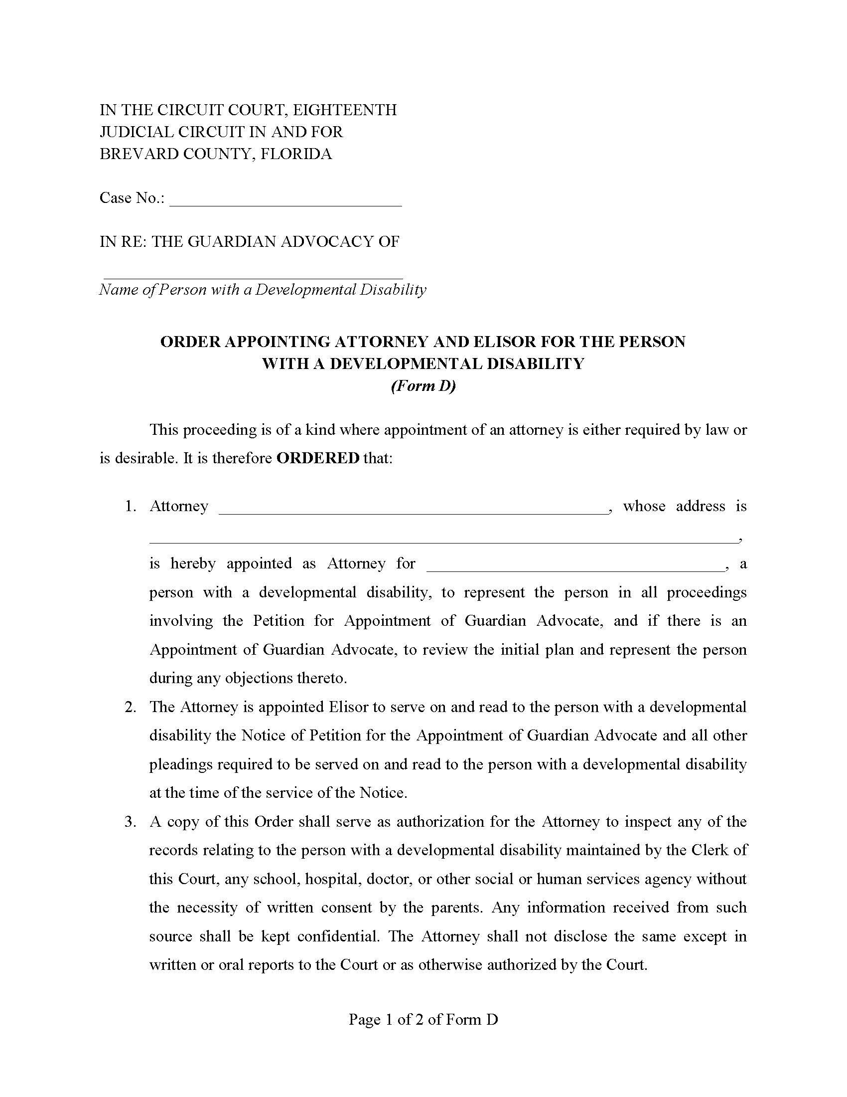 Order Appointing Attorney And Elisor For Person With Developmental Disability {Form D} | Pdf Fpdf Doc Docx | Florida