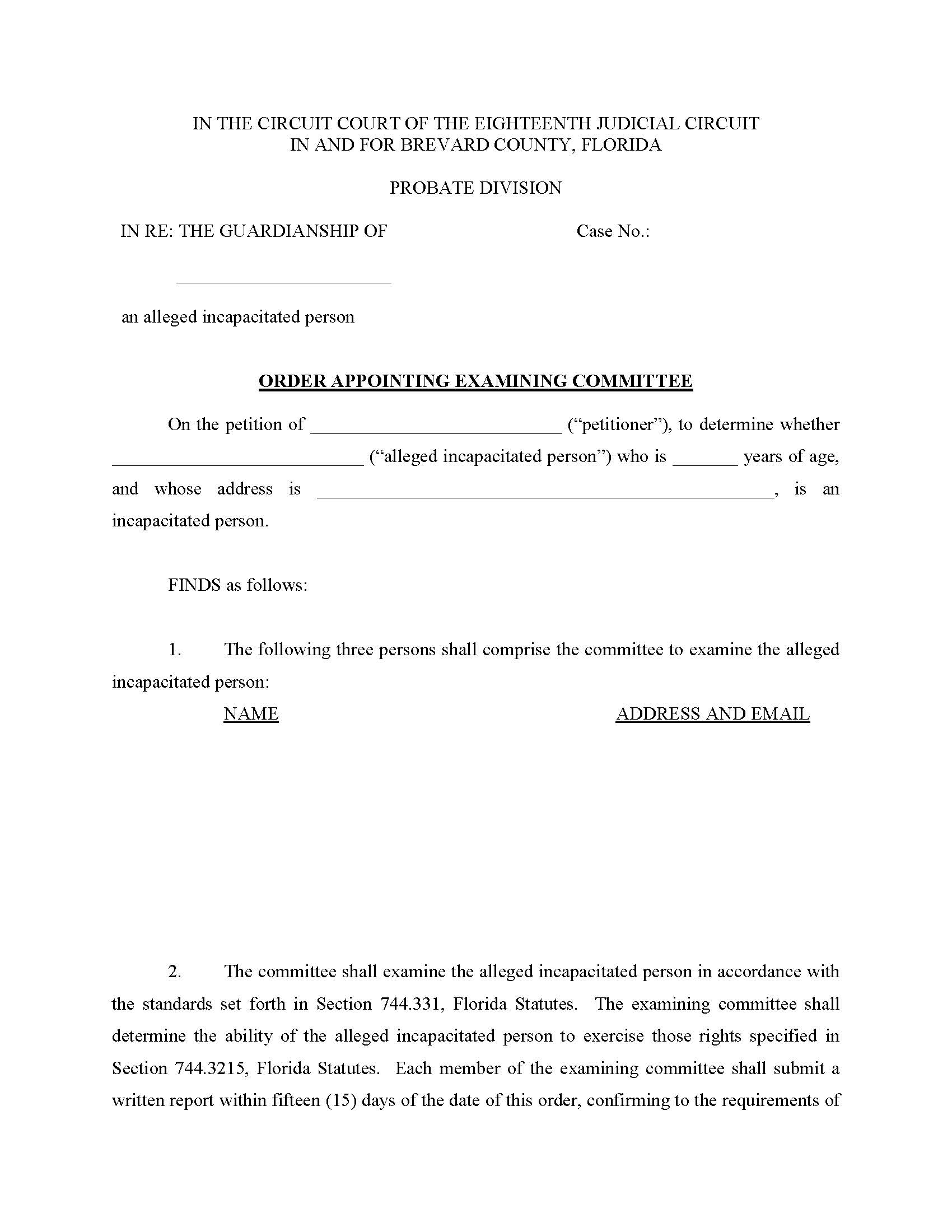 Order Appointing Examining Committee (Alleged Incapacitated Person) | Pdf Fpdf Docx | Florida