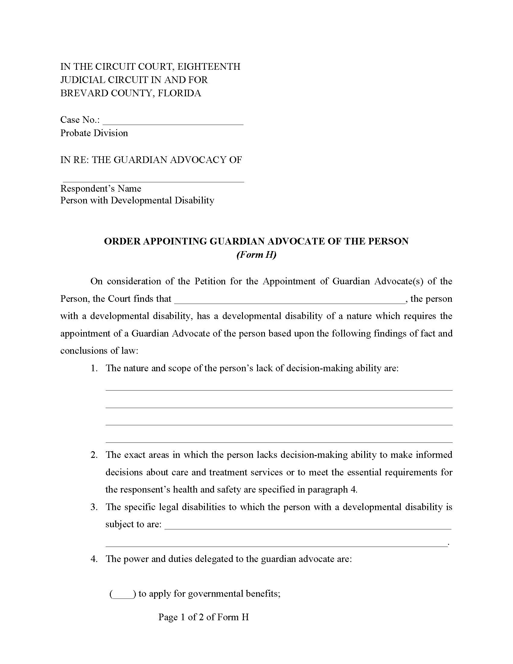 Order Appointing Guardian Advocate Of The Person {Form H} | Pdf Fpdf Docx | Florida