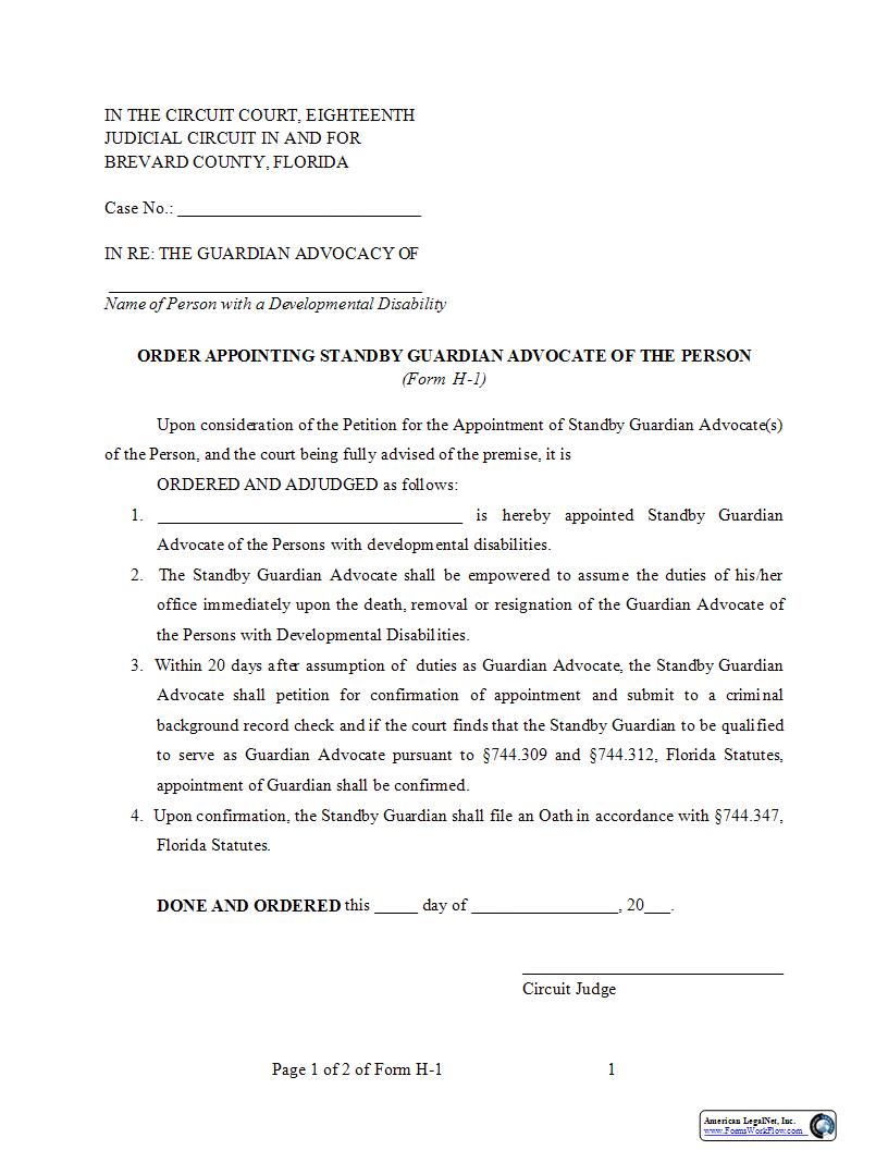Order Appointing Standby Guardian Advocate Of The Person {Form H-1} | Pdf Fpdf Docx | Florida