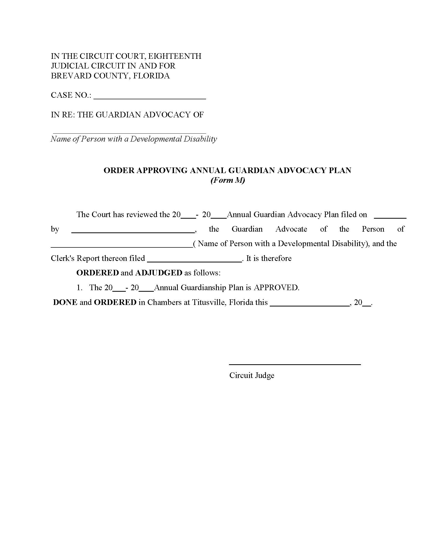 Order Approving Annual Guardian Advocacy Plan {Form M} | Pdf Fpdf Docx | Florida
