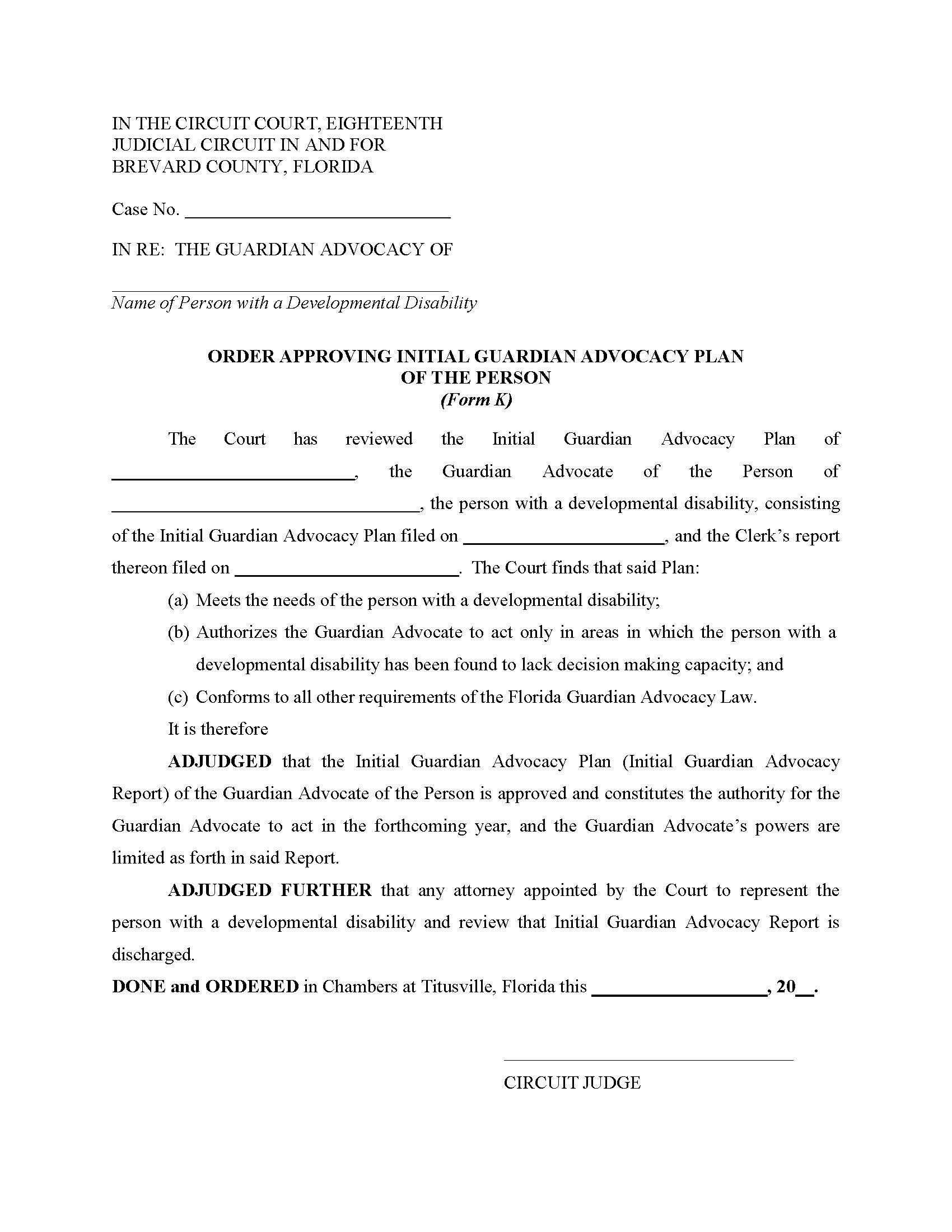 Order Approving Initial Guardian Advocacy Plan Of The Person {Form K} | Pdf Fpdf Docx | Florida