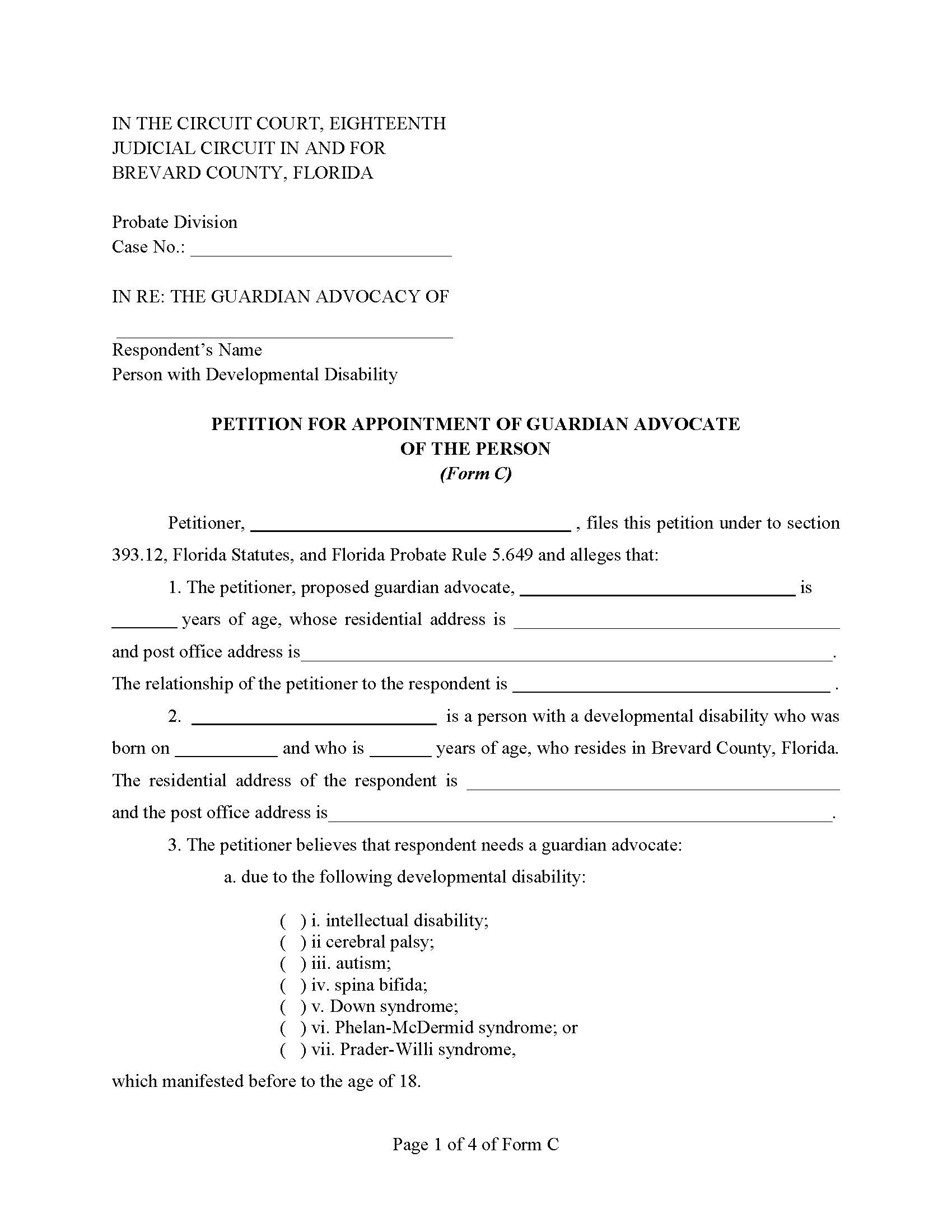 Petition For Appointment Guardian Advocate Of Person And Standby GA {Form C} | Pdf Fpdf Docx | Florida