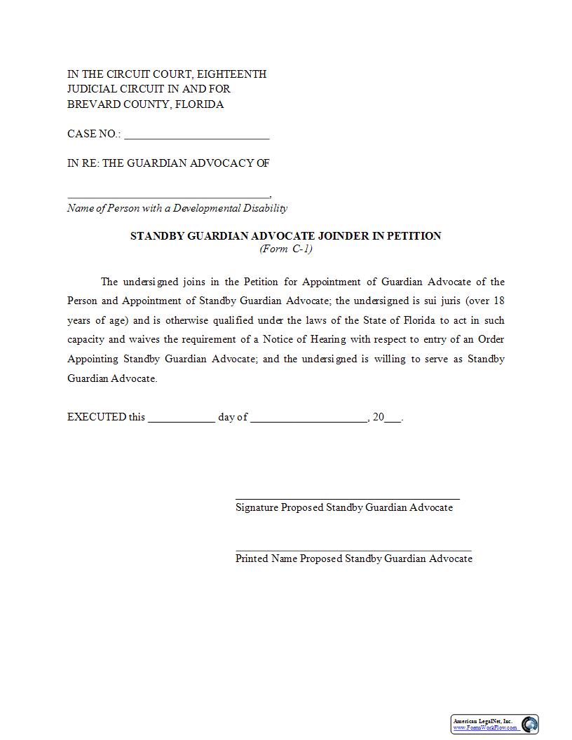 Standby Guardian Advocate Joinder Iin Petition {Form C-1} | Pdf Fpdf Docx | Florida