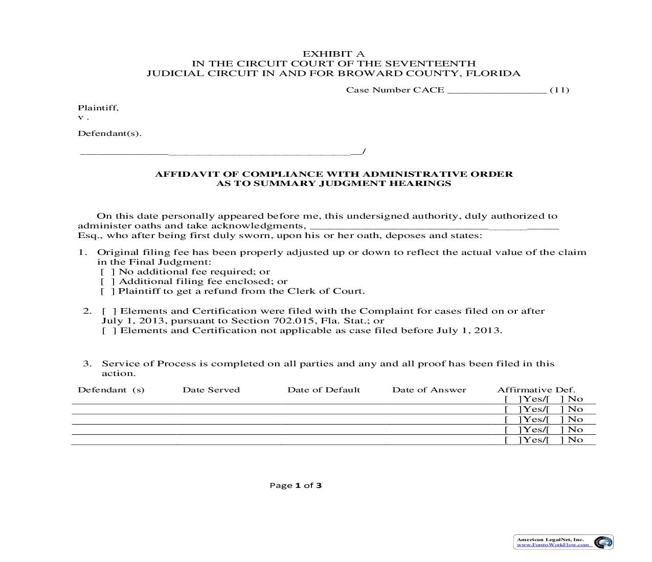 Affidavit Of Compliance With Admin Order (Summary Judgment - Mortgage Foreclosure) | Pdf Fpdf Doc Docx | Florida