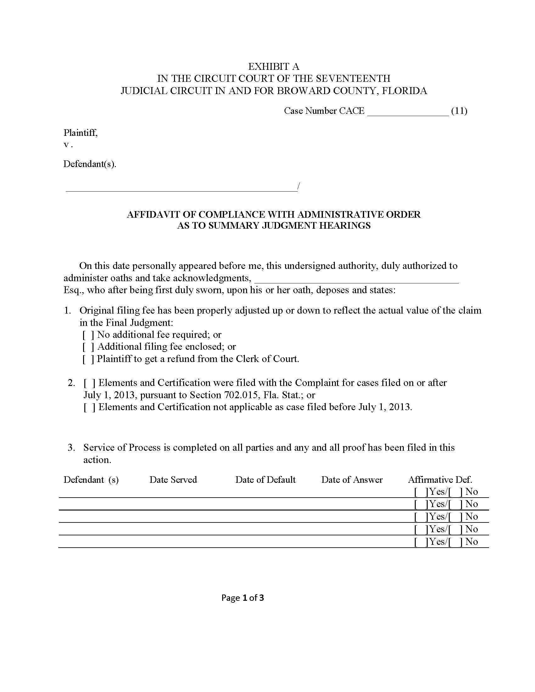 Affidavit Of Compliance With Admin Order (Summary Judgment - Mortgage Foreclosure) | Pdf Fpdf Doc Docx | Florida
