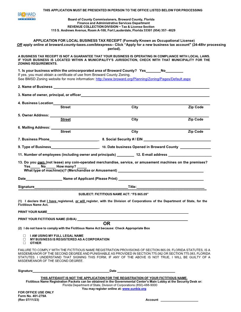 Application For Local Business Tax Receipt {401-279A} | Pdf Fpdf Docx | Florida