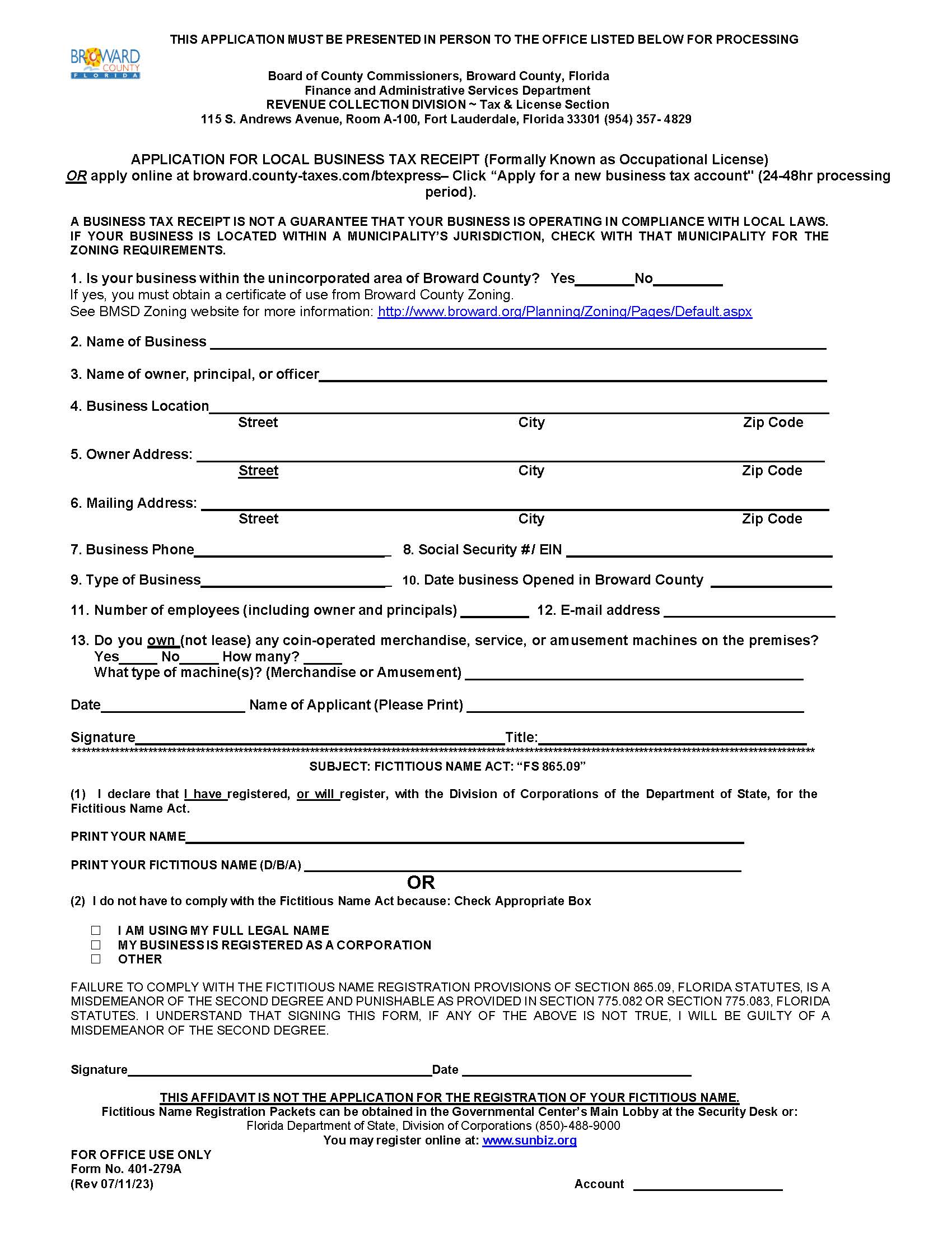 Application For Local Business Tax Receipt {401-279A} | Pdf Fpdf Docx | Florida