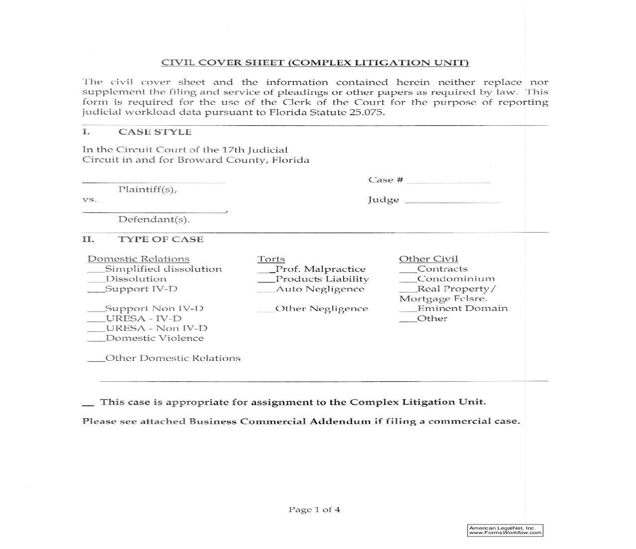 Civil Cover Sheet (Complex Litigation Unit) |  | Florida