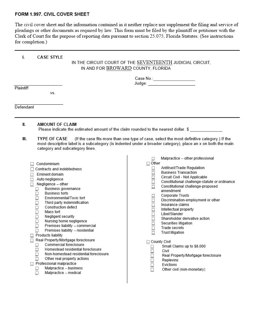 Civil Cover Sheet | Pdf Fpdf Docx | Florida