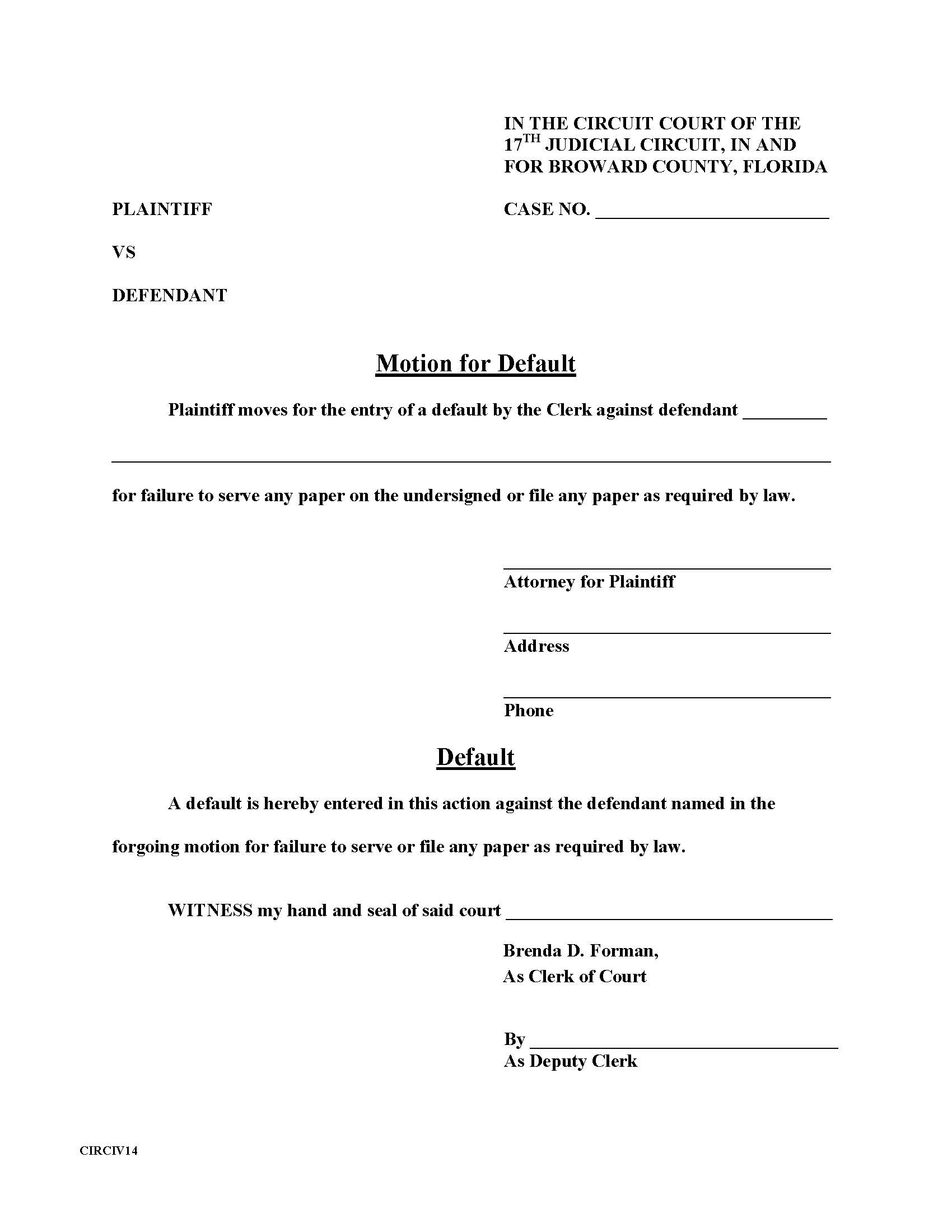 Motion For Default {CIRCIV14} | Pdf Fpdf Doc Docx | Florida
