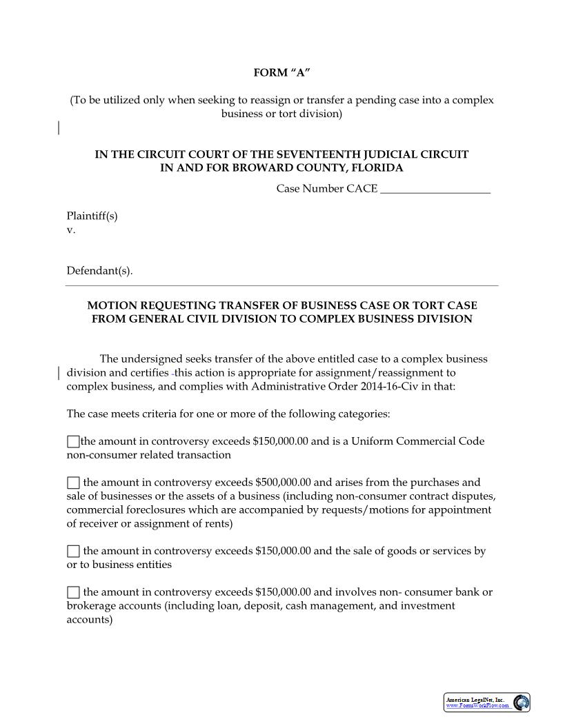 Motion Requesting Transfer Of Business Or Tort Case To Complex Business Division | Pdf Fpdf Docx | Florida
