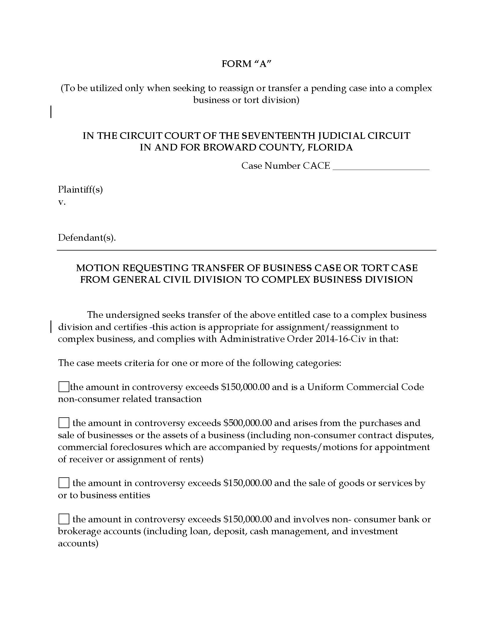 Motion Requesting Transfer Of Business Or Tort Case To Complex Business Division | Pdf Fpdf Docx | Florida