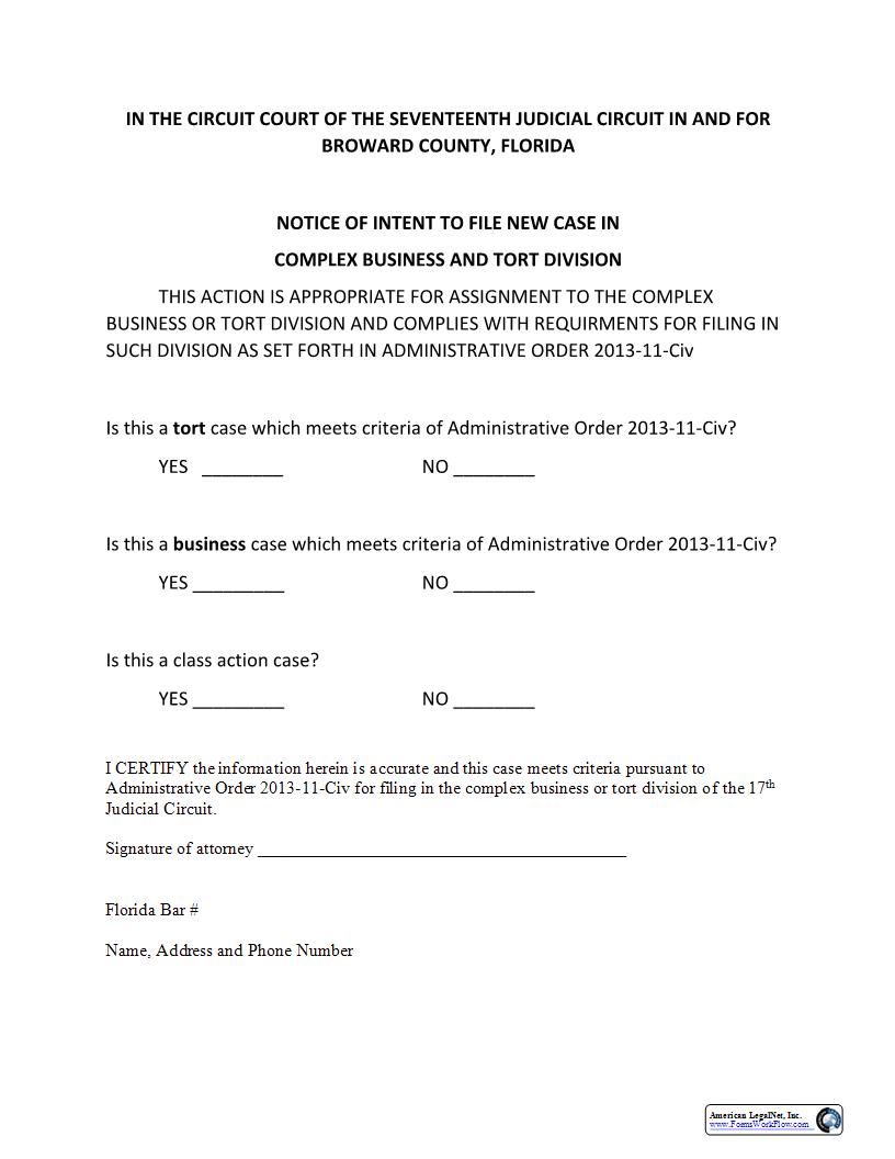 Notice Intent To File Case In Business And Tort Division | Pdf Fpdf Docx | Florida