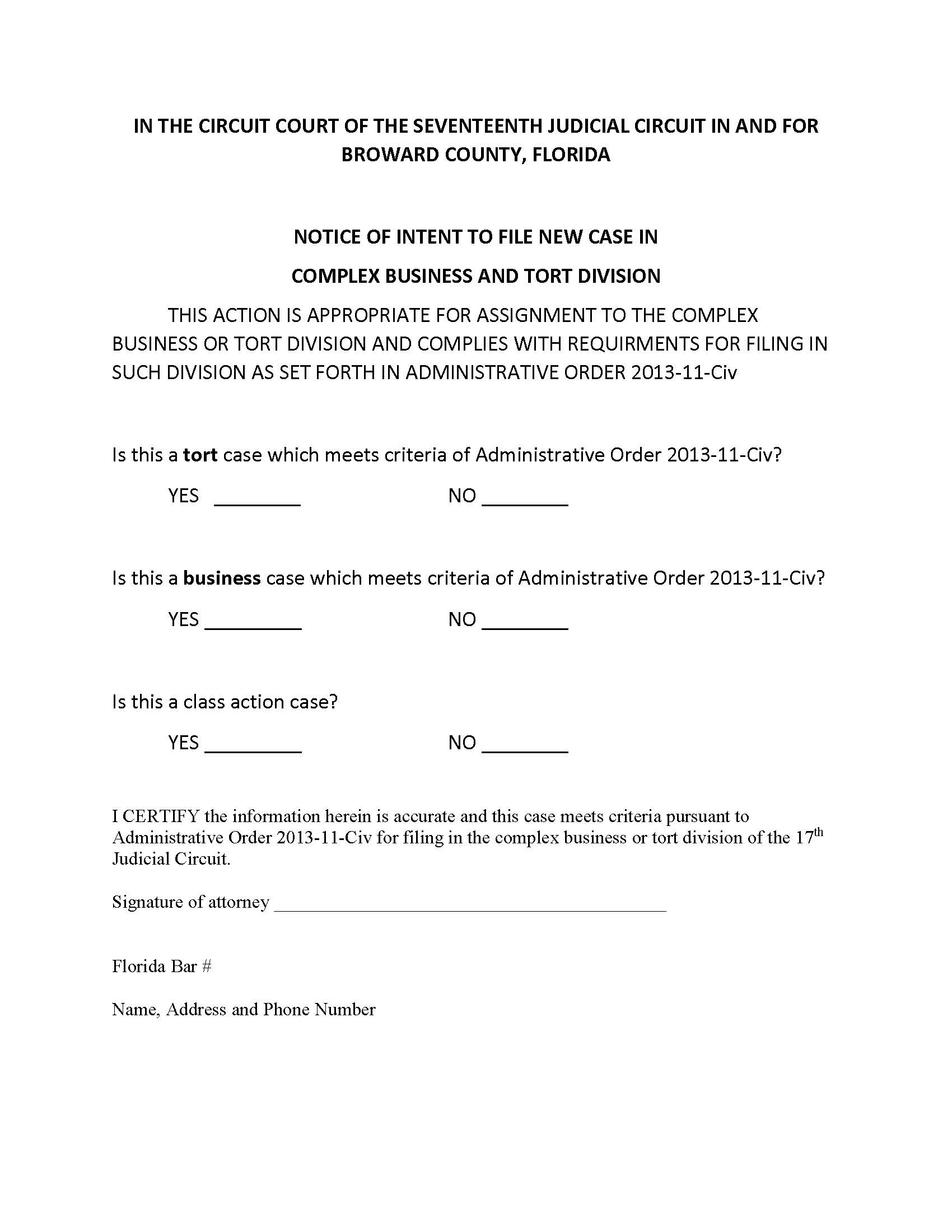 Notice Intent To File Case In Business And Tort Division | Pdf Fpdf Docx | Florida