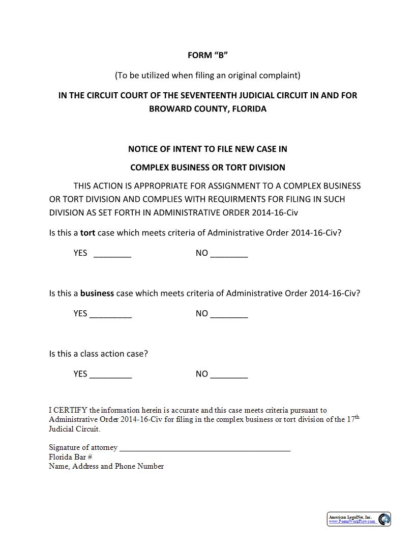 Notice Of Intent To File New Case In Complex Business Or Tort Division | Pdf Fpdf Docx | Florida