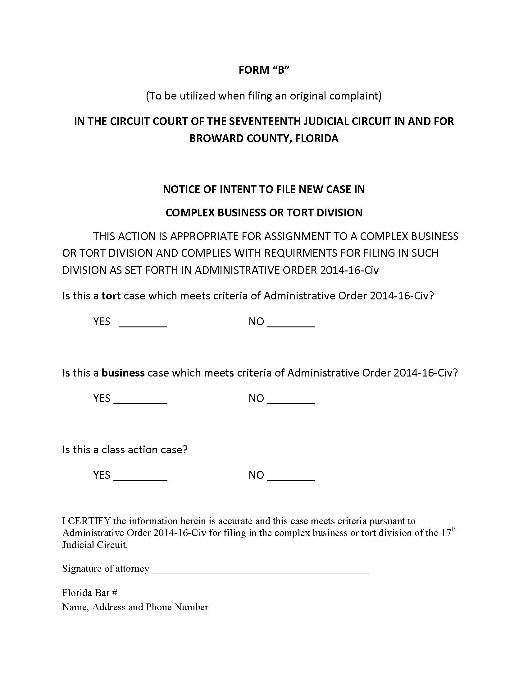Notice Of Intent To File New Case In Complex Business Or Tort Division | Pdf Fpdf Docx | Florida