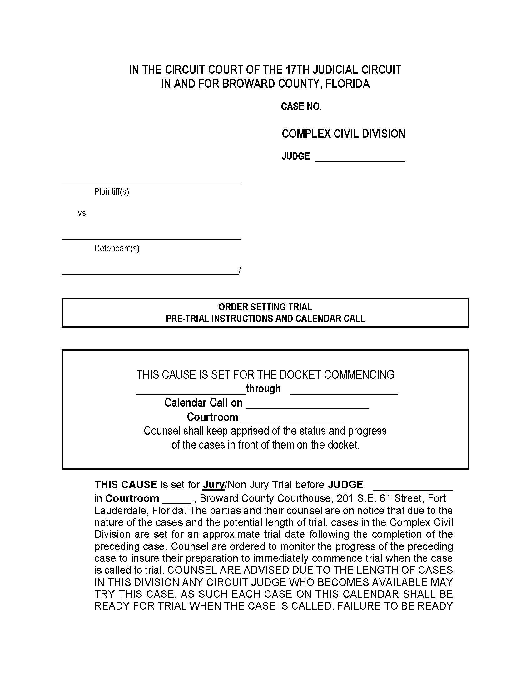 Order Setting Complex Trial Pre Trial Instructions Calendar Call | Pdf Fpdf Docx | Florida