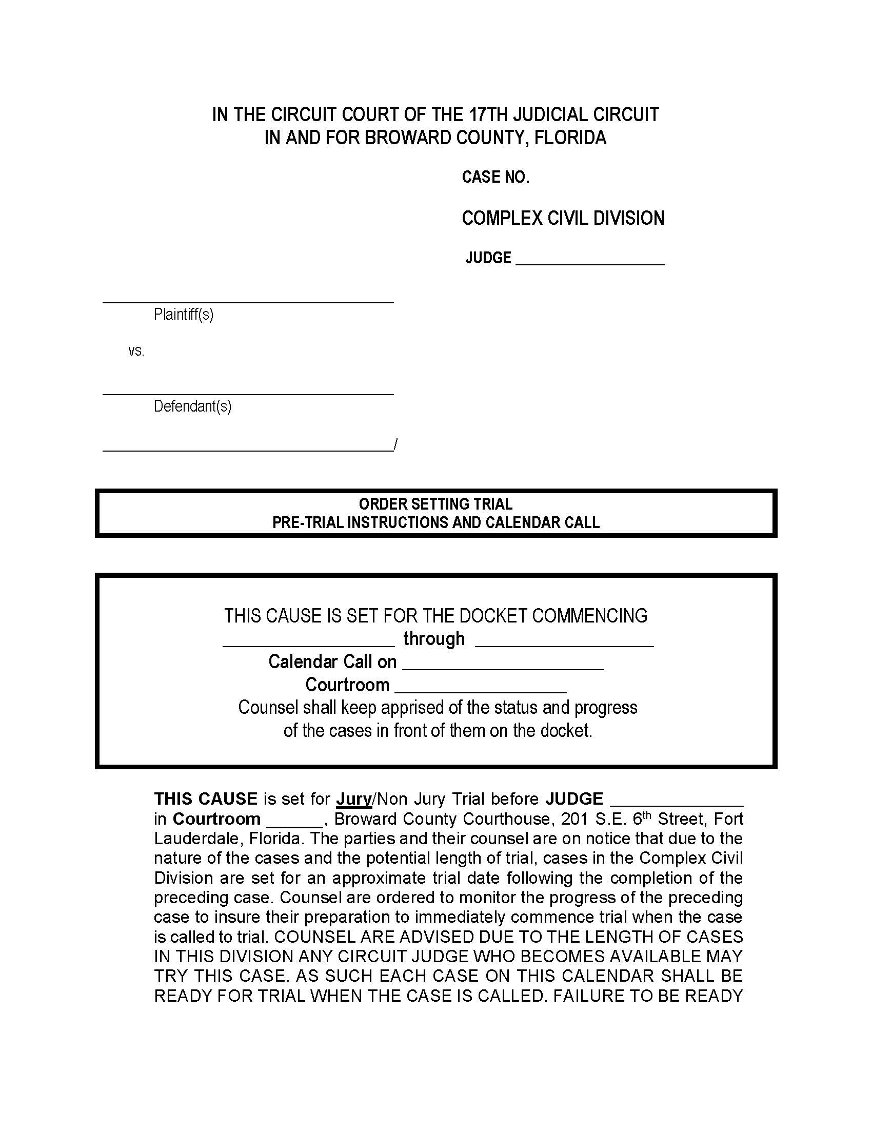 Order Setting Trial (Complex) | Pdf Fpdf Docx | Florida
