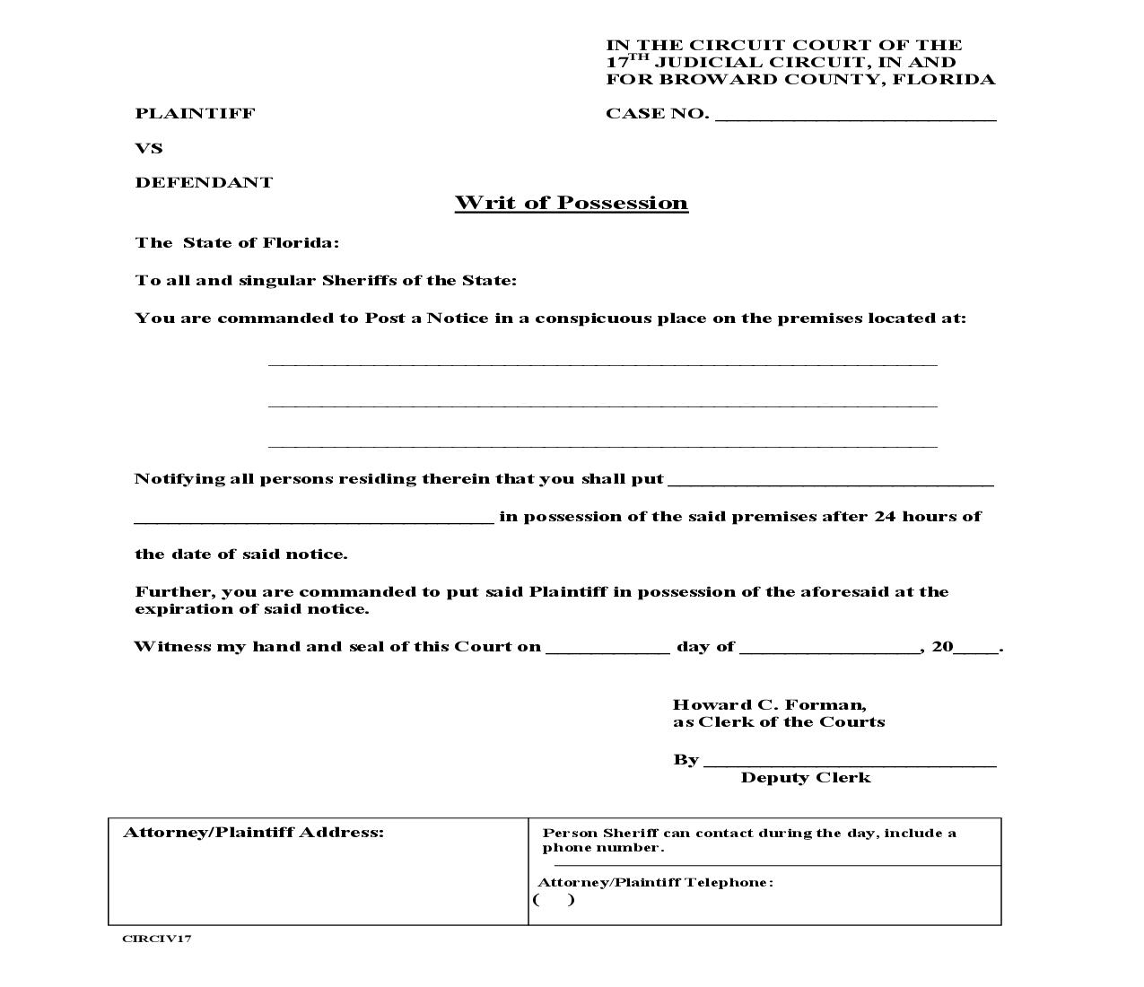 Writ Of Possession {17} | Pdf Fpdf Doc Docx | Florida