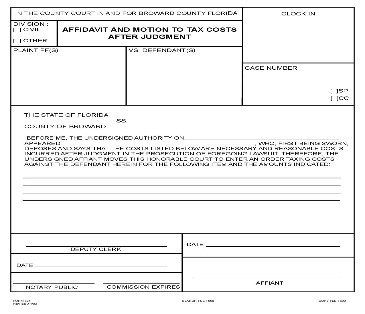 Affidavit And Motion To Tax Costs After Judgment {631} | Pdf Fpdf Doc Docx | Florida