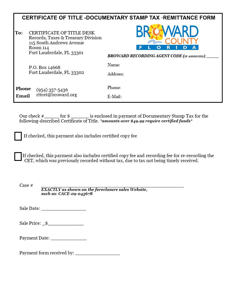 Certificate Of Title Documentary Stamp Tax Remittance Form | Pdf Fpdf Docx | Florida