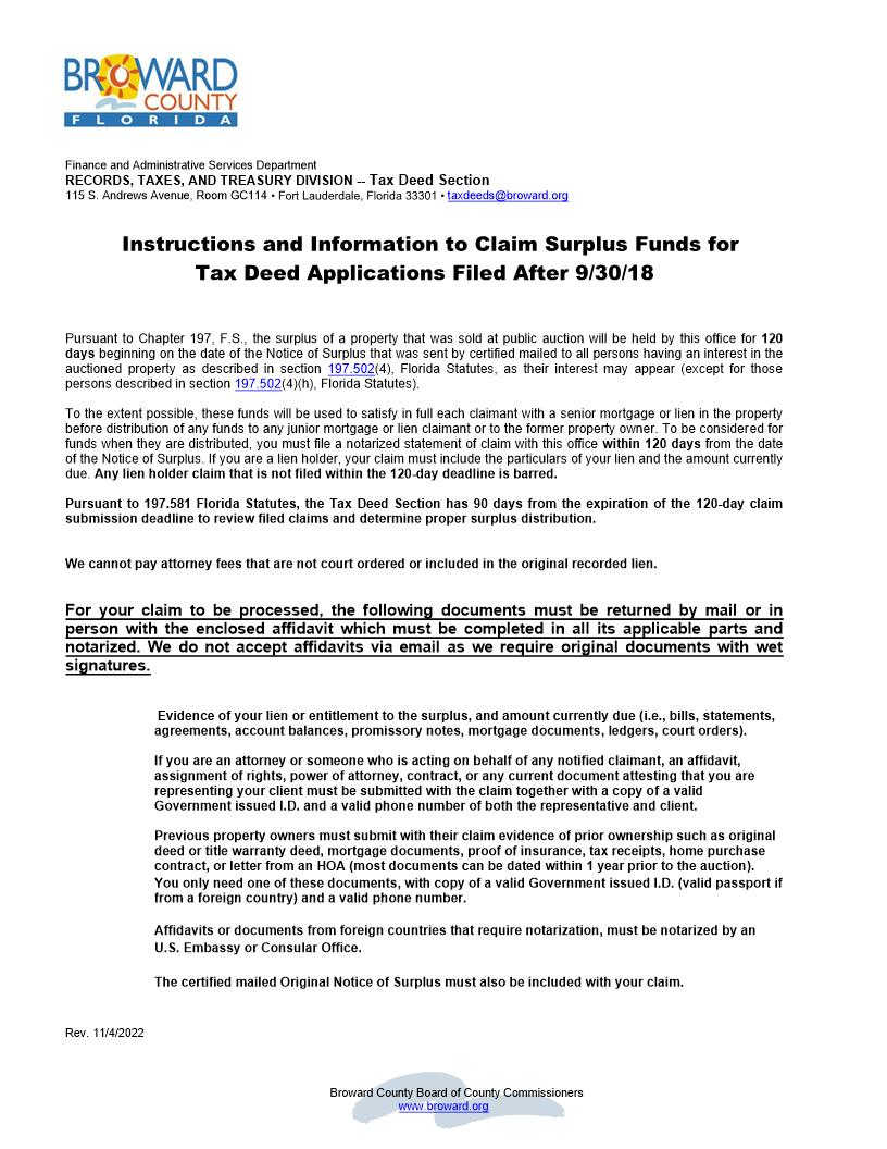 Claim To Receive Surplus Proceeds Of Tax Deed Sale (Filed After 9-30-18) | Pdf Fpdf Docx | Florida
