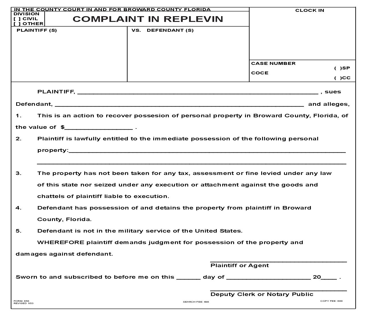Complaint In Replevin {656} | Pdf Fpdf Doc Docx | Florida