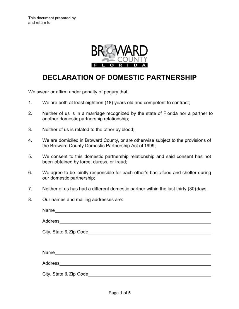 Declaration Of Domestic Partnership | Pdf Fpdf Docx | Florida