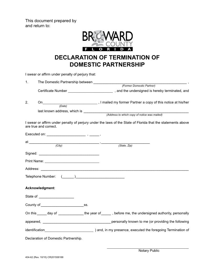 Declaration Of Termination Of Domestic Partnership | Pdf Fpdf Docx | Florida