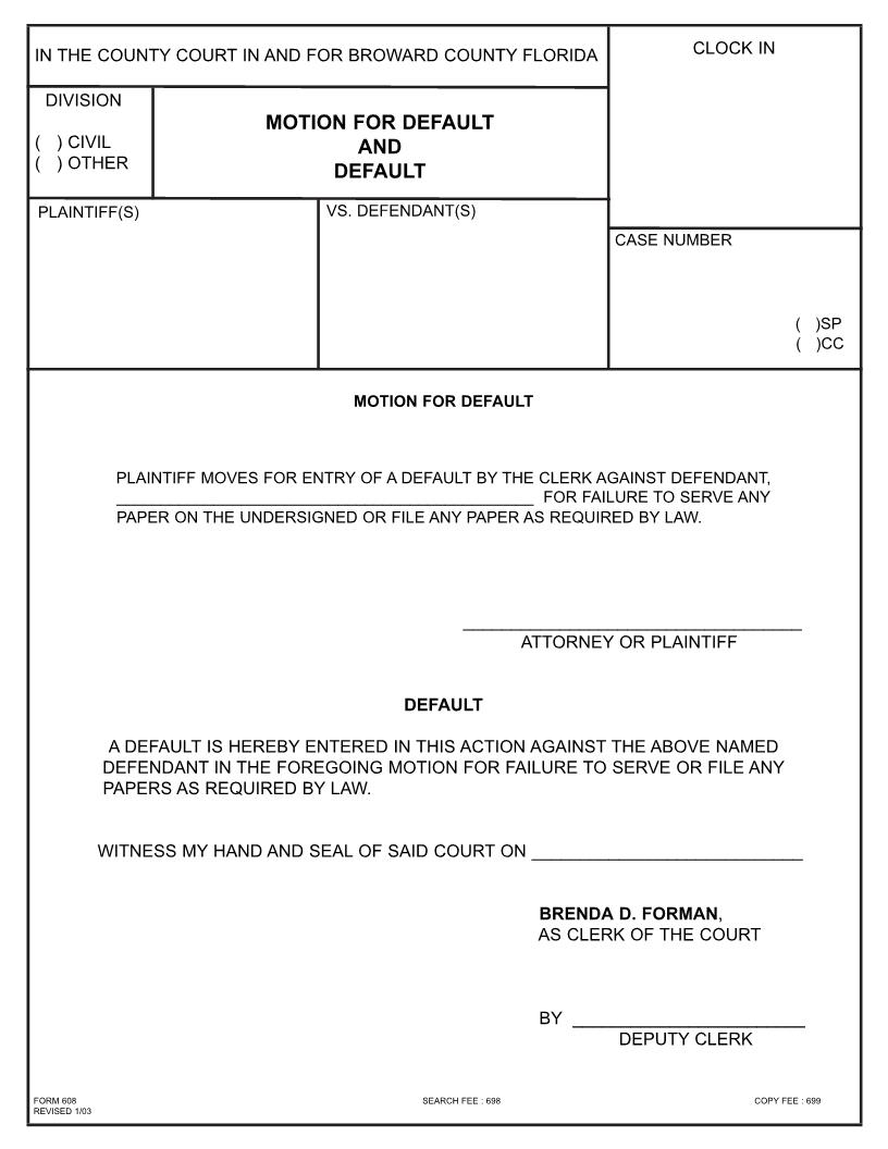 Motion For Default And Default {608} | Pdf Fpdf Doc Docx | Florida
