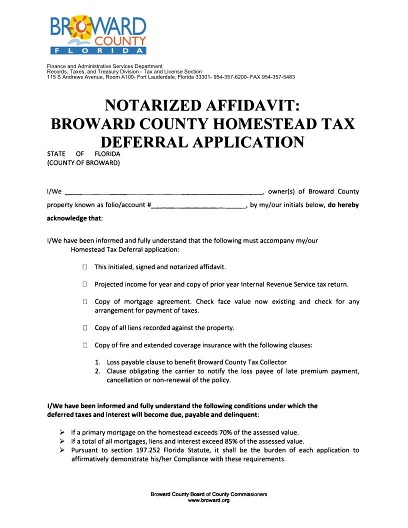 Notarized Affidavit - Homestead Tax Deferral Application | Pdf Fpdf Docx | Florida