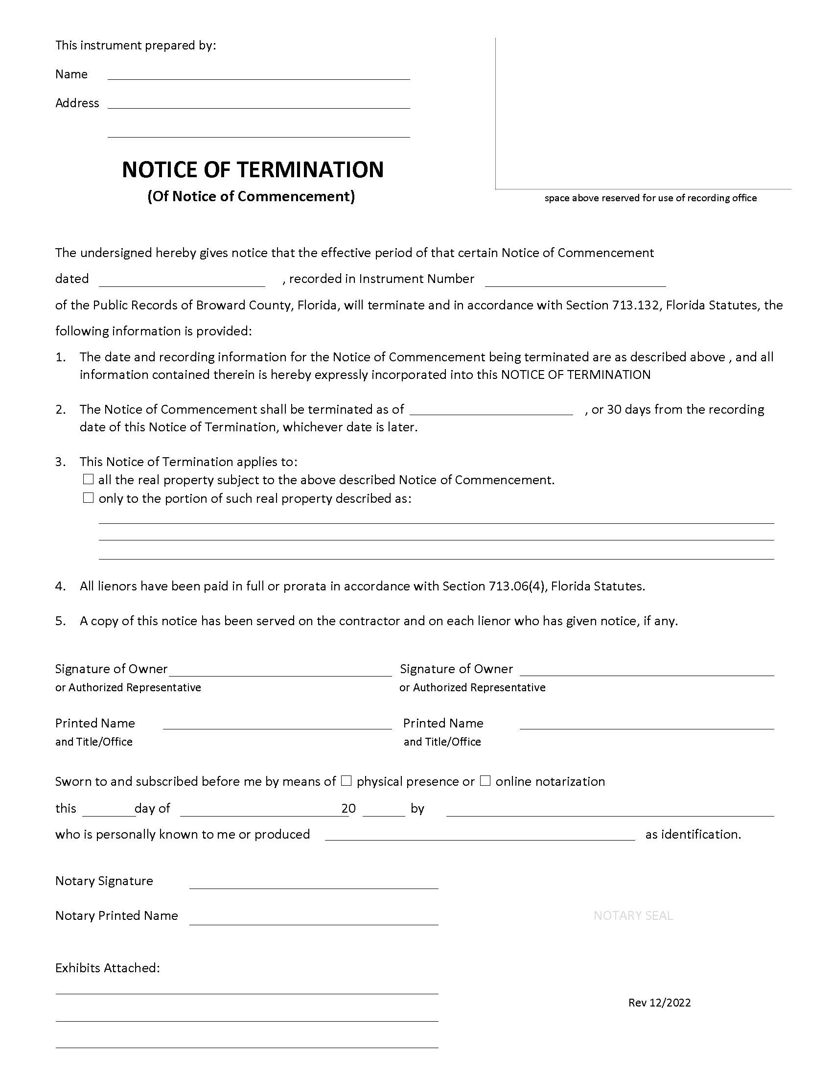 Notice Of Termination (Of Notice Of Commencement) | Pdf Fpdf Docx | Florida