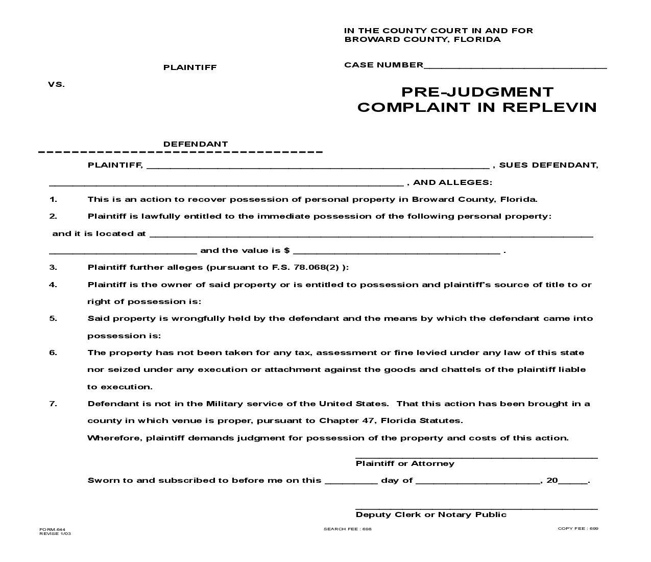 Prejudgment Complaint In Replevin {644} | Pdf Fpdf Doc Docx | Florida