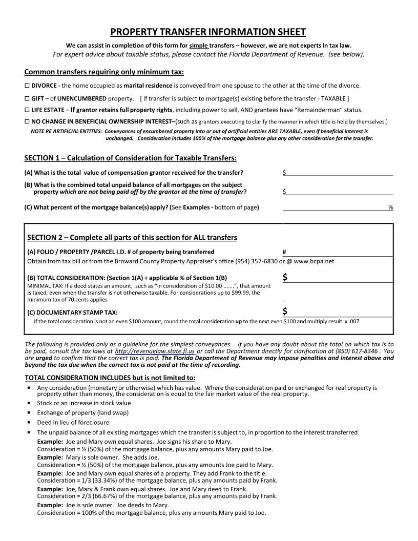Property Transfer Information Sheet | Pdf Fpdf Docx | Florida